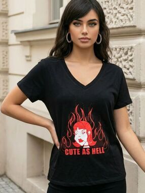 LuLaRoe Lisa Cute As Hell Graphic Tee Black Red Alt Goth Rockabilly V Neck L Top